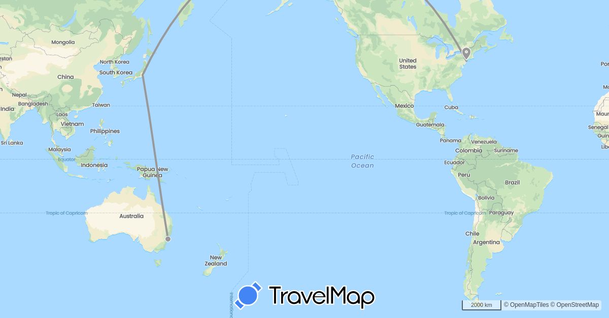 TravelMap itinerary: driving, plane in Australia, Japan, United States (Asia, North America, Oceania)