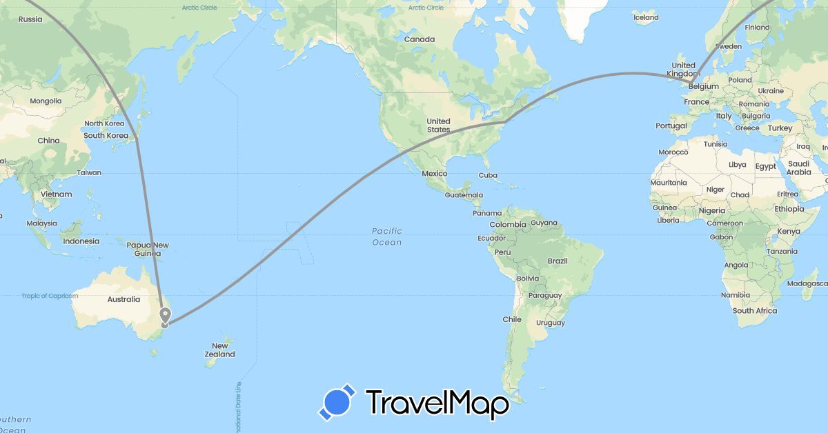 TravelMap itinerary: driving, plane in Australia, United Kingdom, Japan, United States (Asia, Europe, North America, Oceania)